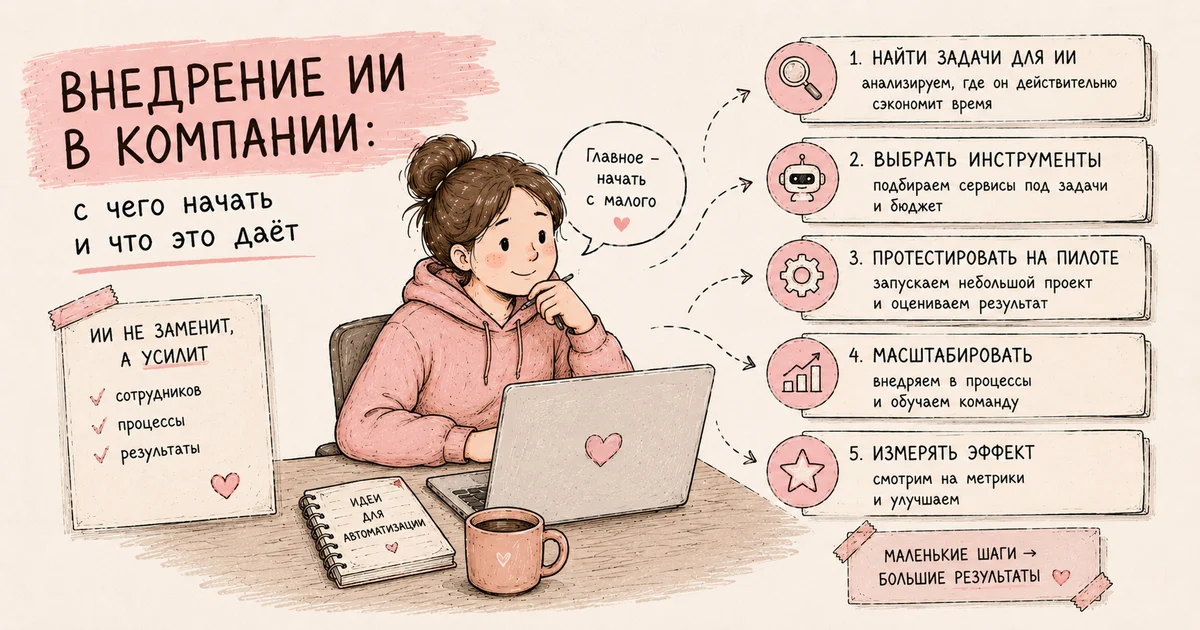 Обложка статьи «Внедрение ИИ в компании: с чего начать и что это даёт»